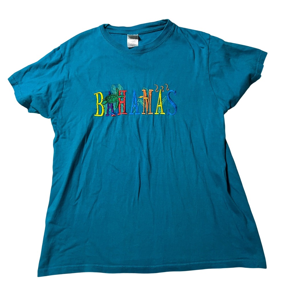 Cotton Mill Bahamas T Shirt Womens Medium Teal Blue Embroidered Sea Turtle Tee